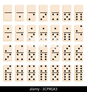 Domino-Spiel voller Satz Figuren isoliert auf weißem Hintergrund im flachen Cartoon-Stil. Niedliches handgezeichnetes Clipart für Spiel, Freizeit, Unterhaltung, Hobby, B Stock Vektor