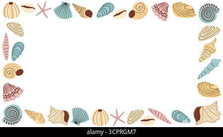Niedlicher rechteckiger Rahmen in Pastellfarben mit Muschel im flachen Cartoon-Stil. Perfektes handgezeichnetes Clipart für Urlaub, Reise, Meer, Strand, Tourismus, Sommerdekor, gr Stock Vektor