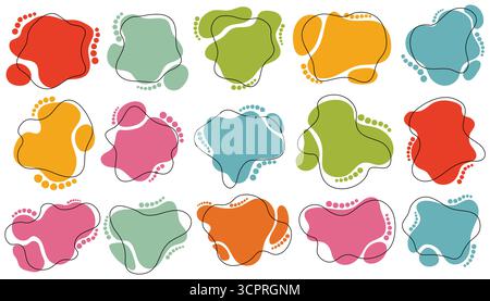 Unebene organische Formen, Flecken mit dünnen Linien und Rasterelementen, verschmelzende runde Hintergründe im flachen Cartoon-Stil. Modernes abstraktes Design Stock Vektor