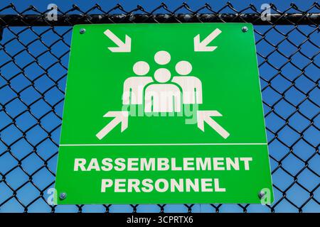 Weiße Pfeile, die auf eine Gruppe von 4 Personen in Umrissform zeigen, die den Sammelbereich auf einem grünen fluoreszierenden Piktogramm-Schild am Maschendrahtzaun anzeigen. Stockfoto