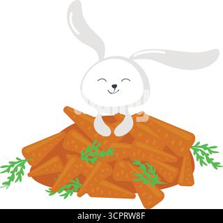 Glückliches Kaninchen und Karotten Haufen Vektor flache Symbol Stock Vektor