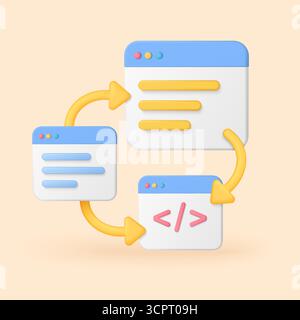 Farbenfrohes 3D-Sitemap-Konzept, das verbundene Webbrowser-Fenster mit Pfeilen für Website-Struktur, Navigation und Codierung auf einer isolierten Hintergrundvektorillustration zeigt Stock Vektor
