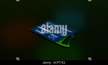 3D-Rendering-Illustration eines futuristisch leuchtenden digitalen Tablets, das auf dunklem Hintergrund liegt und innovative technische Daten und tragbare Geräte symbolisiert Stockfoto