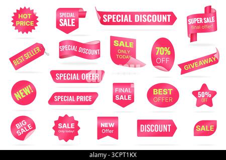 Rote Etiketten für heiße und neue Verkäufe, Werbeaufkleber in verschiedenen Formen mit Text. Bestseller und Sonderpreis für Produkt, Rabatt und Werbeaktion Banner Sammlung Vektor Illustration Stock Vektor