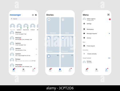 Kiew, Ukraine - 7. Juni 2025, saubere Messenger-App-Oberfläche, die Chat, Geschichten und Menübildschirme für mobile Benutzer anzeigt, perfekt für UI-Modelle, isolierte Vektorillustration Stock Vektor