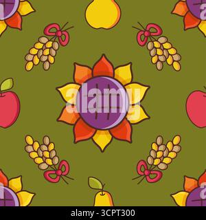 Lebendige flache Illustration mit Sonnenblumen, Weizen, Äpfeln und Birnen auf einem tiefen olivgrünen Hintergrund. Erzeugt ein reichhaltiges, kuscheliges, nahtloses Muster für Texti Stock Vektor