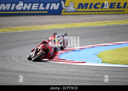 Motegi, Japan. September 2025. Ducati-Fahrer Marc Marquez über die Action im Sprint-Rennen der MotoGP Japan 2025, die am 27. September 2025 im Mobility Resort Motegi stattfand Stockfoto
