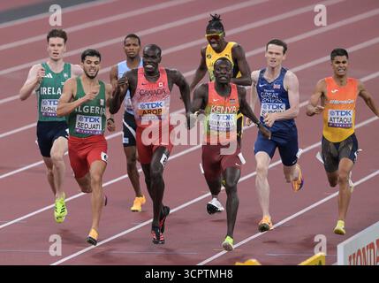 Djamel Sedjati aus Algerien, Marco AROP aus Kanada und Emmanuel Wanyonyi aus Kenia traten im 800-m-Finale der Männer bei den Leichtathletik-Weltmeisterschaften an Stockfoto