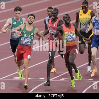 Djamel Sedjati aus Algerien, Marco AROP aus Kanada und Emmanuel Wanyonyi aus Kenia traten im 800-m-Finale der Männer bei den Leichtathletik-Weltmeisterschaften an Stockfoto