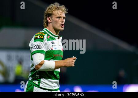 Galway, Republik Irland. September 2025. Louis Lynagh von Benetton Rugby während des Spiels der United Rugby Championship Runde 1 zwischen Connacht Rugby und Benetton Rugby im Dexcom Stadium in Galway, Irland am 27. September 2025 (Foto: Andrew SURMA/ Credit: SIPA USA/Alamy Live News Stockfoto