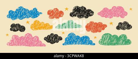 Bunte Bleistiftwolken. Retro-Sky-Elemente im trendigen Y2K-Stil. Funky primitive Formen mit Buntstift. Aufkleber für Zeichentrickfilme. Vektorkritzelemente. Einstellen Stock Vektor