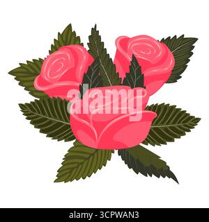 Ein Blumenstrauß aus rosa Rosen. Anordnung von drei Blüten und Blättern. Vektorillustration auf weißem Hintergrund isoliert. Stock Vektor