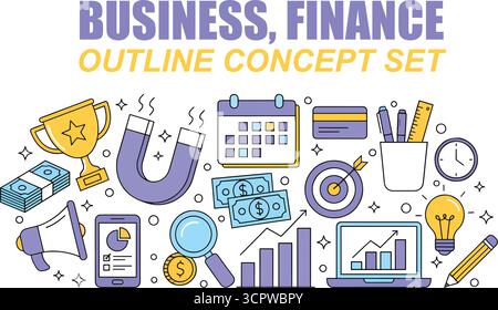 Laptop, Megaphon, Bleistift, Kalender, Glühbirne und andere Marketingobjekte. Concept Set für Business, Finance Outline. Vektorabbildung. Stock Vektor