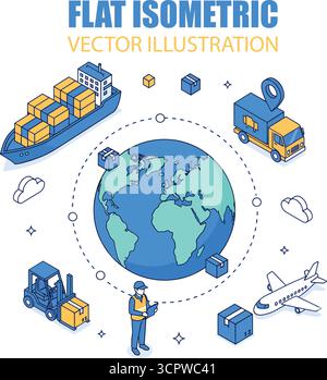 Lieferkette mit Frachtschiff, Flugzeug, Güterwagen. Сustoms Offizier Inspektor bei der Kontrolle der Frachtabfertigung. Global Logistics, Delivery, Cargo Transport Co Stock Vektor