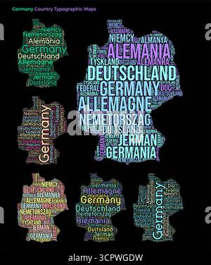 Satz typografischer Länderabbildungen. Deutschland Kartenform Aufbau von horizontalen und vertikalen Ländernamen. Vektorabbildung. Stock Vektor