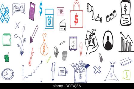 Handgefertigte Finanzsymbole Vektorsatz für Geschäfts- und Gelddesign Stock Vektor