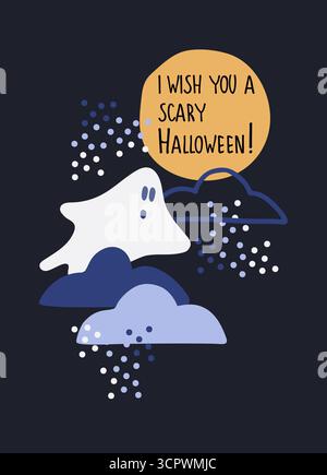 Halloween-Grußkarte. Vektor-Illustration des Geistes am Nachthimmel. Grußwort mit handschriftlichem Schriftzug Stock Vektor