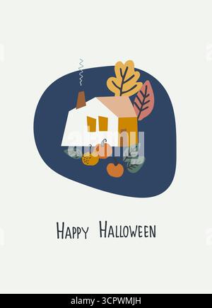Halloween-Grußkarte. Vektorillustration mit Haus und Kürbis. Grußwort mit handschriftlichem Schriftzug Stock Vektor