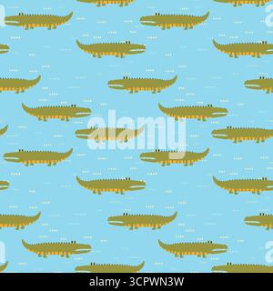 Animal seamless pattern with cartoon crocodiles on color background. Cute holiday illustration with crocodile for baby. Design for invitation, poster Stock Vektor