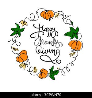 Happy Thanksgiving Hand-Schriftzug in einem Kranz aus Kürbissen und Blättern auf weißem Hintergrund Stock Vektor