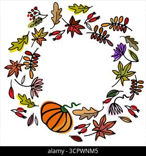 Blumengestell mit Kürbis, Herbstblättern und Blumen. Thanksgiving Day Hintergrund, Grußkarte, Flyer, Einladung Stock Vektor