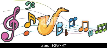 Farbenfrohes Vektorsaxophon mit auffälligen Linien, umgeben von lebendigen Musiknoten und verspielten Symbolen. Stock Vektor