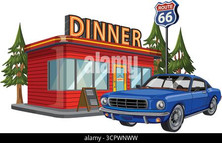 Vektor-Illustration von Vintage Diner und blauem Muscle Car mit Route 66 Schild, leuchtende Farben Stock Vektor