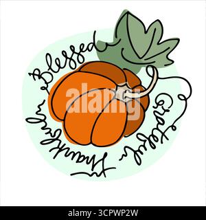 Thanksgiving Weihnachtsdesign. Dankbar, dankbar, gesegneter Schriftzug, handgezeichneter Kürbis Stock Vektor