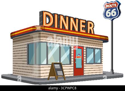 Vektor-Illustration eines Retro-Restaurants am Straßenrand mit klassischer Architektur und lebhaftem Route 66-Schild. Stock Vektor