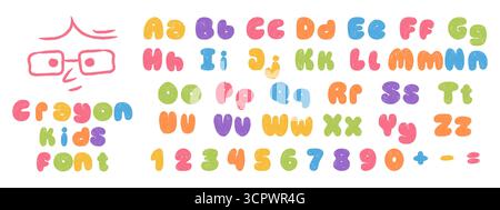 Buntes Buntstift-Kinderalphabet mit Groß- und Kleinbuchstaben. Handgezeichneter, verspielter Wachsmalstift Stock Vektor