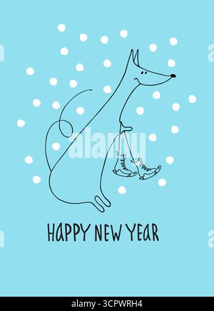 Neujahrsgrußkarte mit Ratte, Tierkreistier für 2020. Horoskop-Ratte mit Schlittschuhen, Handbeschriftung, Schneeflocken Stock Vektor