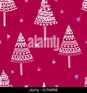 Nahtloses Muster auf Weihnachtsthema, mit handgezeichneten Weihnachtsbäumen auf rotem Hintergrund Stock Vektor