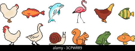 8-Bit-Tierset. Pixelbildobjekte. Alte Spielgrafiken. Huhn, Delfin, Flamingo, Fisch, Schnecke, Frosch Stock Vektor