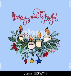 Weihnachtsgrußkarte mit Tannenzweigen, Ornamenten, Kerzen, Handschrift Stock Vektor