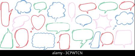 Handgezeichnete Buntstift-Sprechblasen im Doodle-Stil. Farbenfrohe Holzkohle-Textur. Vektor-Cartoon-Dialograhmen auf weißem Hintergrund Stock Vektor