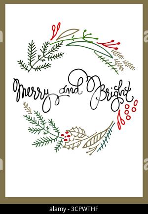 Weihnachtskranz mit fröhlicher und heller Handschrift innen Stock Vektor