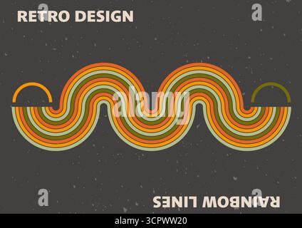 Abstraktes Vintage-Poster-Design mit Regenbogenstreifen. Vintage 70er Jahre Hintergrund mit groovigen Wellenlinien. Hippie-STYLE Stock Vektor