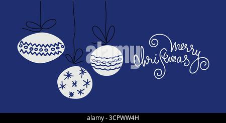 Frohe Weihnachtsgrußkarte. Handgezeichnete Weihnachtskugeln auf blauem Hintergrund, Schriftzug Stock Vektor