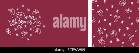 Weihnachtsset mit Grußkarte und nahtlosem Muster. Handbeschriftung, Schneeflocken und Geschenkpakete Stock Vektor