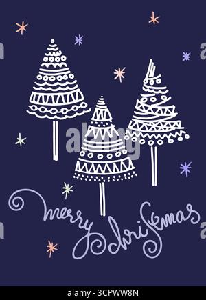 Frohe Weihnachtsgrußkarte, Feiertagsillustration. Handbeschriftung, Weihnachtsbäume, Schneeflocken Stock Vektor