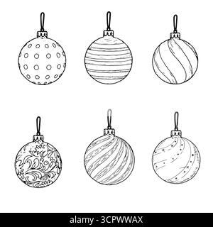 Weihnachtskugeln, schwarz-weiß-Skizze. Vektorabbildung. Eine Reihe von Silhouetten auf weißem Hintergrund. Neujahrsthema, für Postkarten, in Stock Vektor