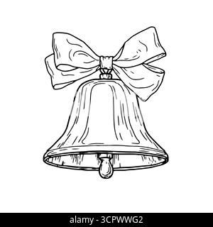 Glocke mit Schleife, schwarz-weiße Skizze. Vektorabbildung. Traditionelle Dekoration, isoliert auf weißem Hintergrund. Für Postkarten, Einladungen, Neu Stock Vektor