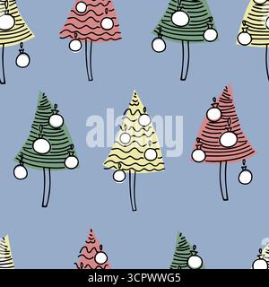 Nahtloses Muster auf Weihnachtsthema, mit handgezeichneten Weihnachtsbäumen auf blauem Hintergrund, für Geschenkverpackung Stock Vektor