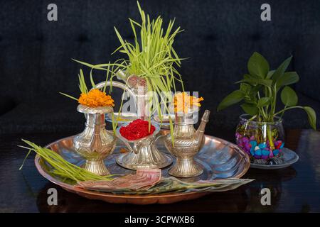 Tika und Jamara wurden in ein silbernes Utensilien mit Gerstensprossen, Geld und Früchten für die Vijaya Dashami Zeremonie während des Dashain Festivals in Nepal gelegt. Stockfoto