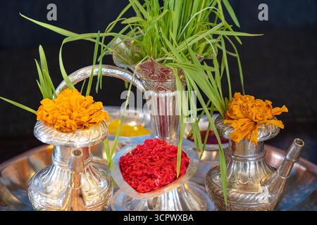 Tika und Jamara wurden in ein silbernes Utensilien mit Gerstensprossen, Geld und Früchten für die Vijaya Dashami Zeremonie während des Dashain Festivals in Nepal gelegt. Stockfoto