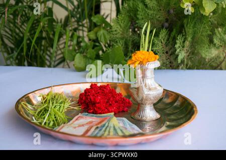 Tika und Jamara wurden in ein silbernes Utensilien mit Gerstensprossen, Geld und Früchten für die Vijaya Dashami Zeremonie während des Dashain Festivals in Nepal gelegt. Stockfoto