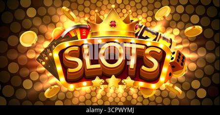 Golden Slots Game Banner mit Casino-Elementen mit Karten, Würfeln und Münzen auf einem schillernden Hintergrund. Vektorabbildung. Stock Vektor