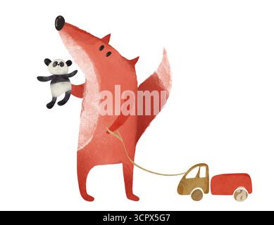 Niedlicher Comic Fuchs mit Panda und ziehendem Spielzeugauto. Skurrile Aquarellillustration für Kinder. Ideal für Kinderbücher, Poster, Grußkarten, Stockfoto