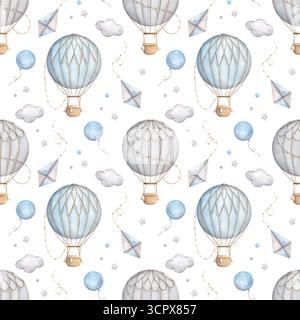 Heißluftballons. Handgezeichnetes nahtloses Aquarellmuster mit grauem Retro-Heißluftballon, Drachen, Wolken und Sternen. Niedliches Zeichentrickmuster für Kinder. Stockfoto