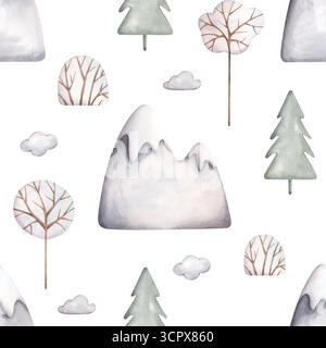 Handgezeichnetes nahtloses Aquarellmuster mit grauen, verschneiten Bergen und Winterbäumen. Niedliches Zeichentrickmuster für Kinder. Stockfoto